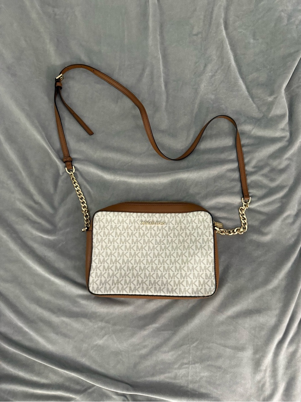 Michael Kors White and Brown Signature MK Crossbody Bag